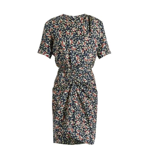 Isabel Marant Dress Rehora Floral Silk Short Sleeve Knot Front Pleat Round 42 L